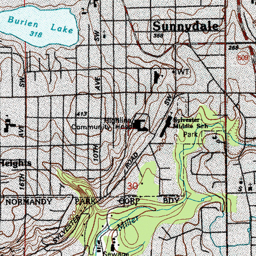 Topographic Map of Highline Medical Center, WA