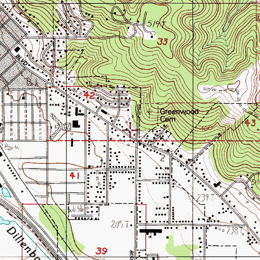 Topographic Map of Greenwood Cemetery, WA