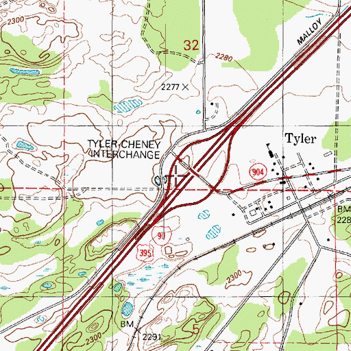 Topographic Map of Tyler-Cheney Interchange, WA