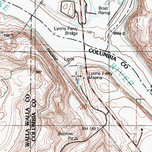 Topographic Map of Lyons Ferry Marina, WA