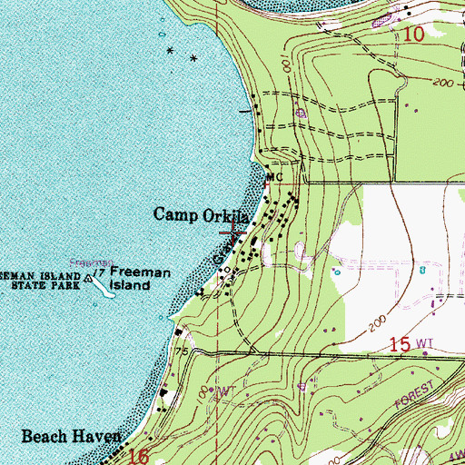 Topographic Map of Camp Orkila, WA