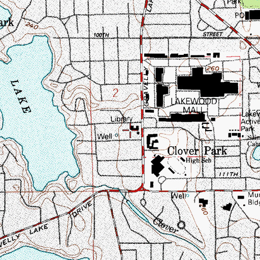 Topographic Map of Clover Park, WA