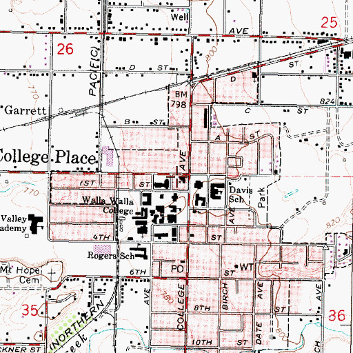 Topographic Map of College Place, WA