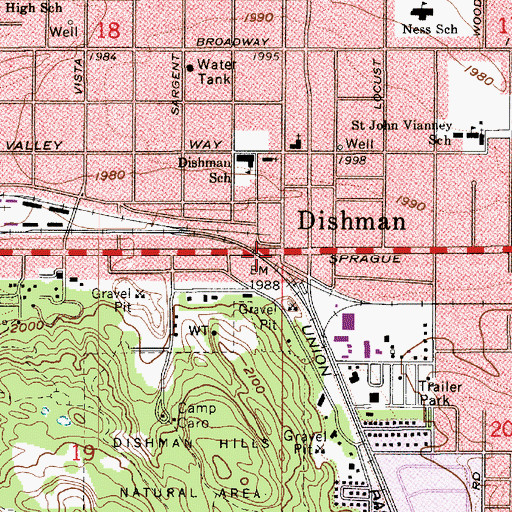 Topographic Map of Dishman, WA