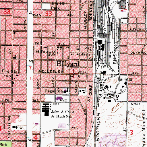 Topographic Map of Hillyard, WA
