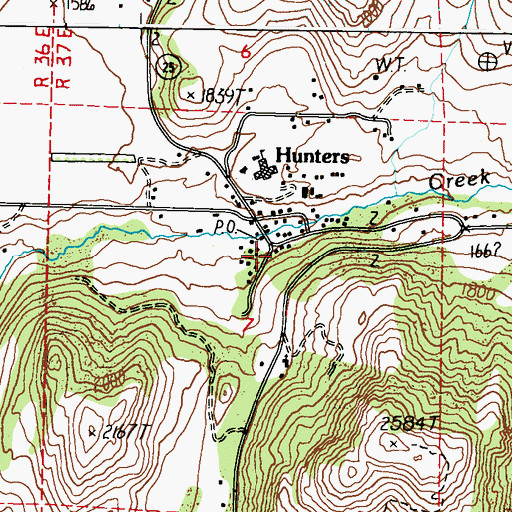Topographic Map of Hunters, WA