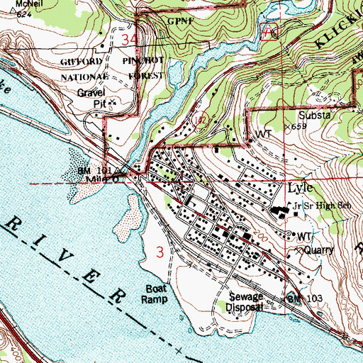 Topographic Map of Lyle, WA