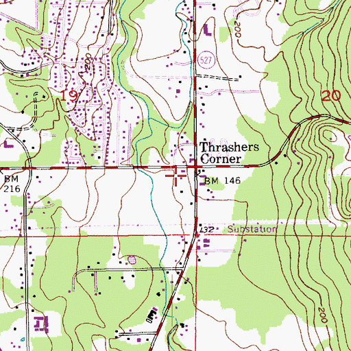 Topographic Map of Thrashers Corner, WA