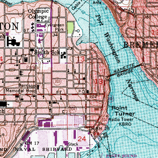 Topographic Map of Bremerton, WA