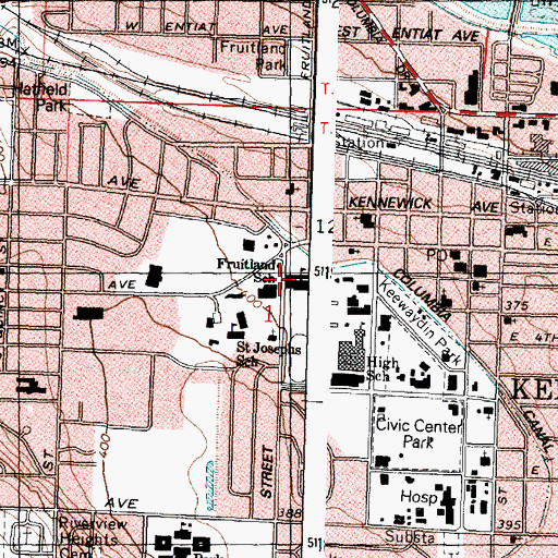 Topographic Map of Fruitland School, WA
