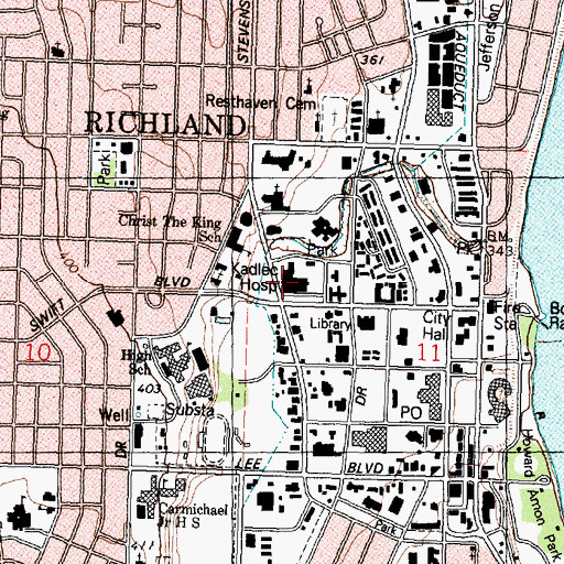 Topographic Map of Kadlec Regional Medical Center, WA