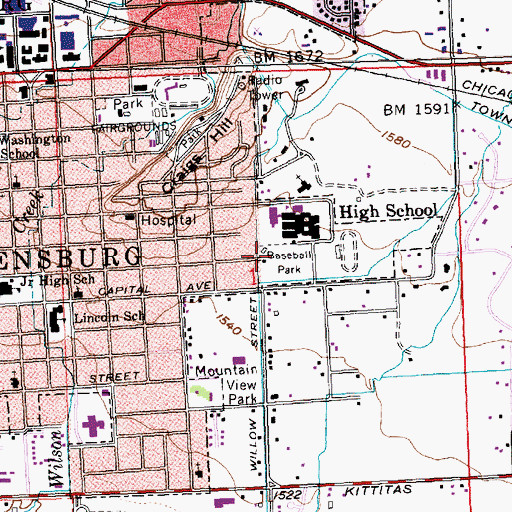 Topographic Map of Ellensburg High School, WA