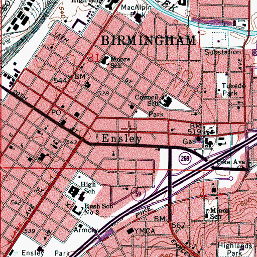 Topographic Map of First Baptist Church of Ensley, AL