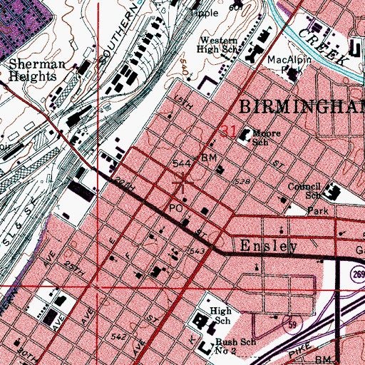 Topographic Map of Ensley Bible Church, AL