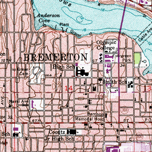 Topographic Map of Bremerton Junior High School, WA