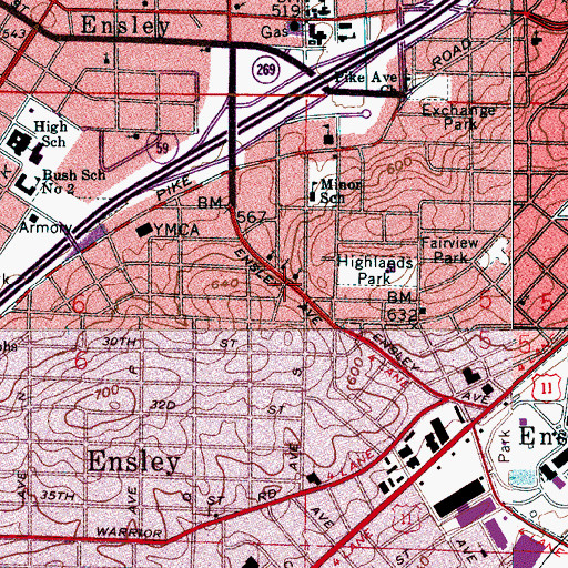 Topographic Map of Ensley Highlands, AL
