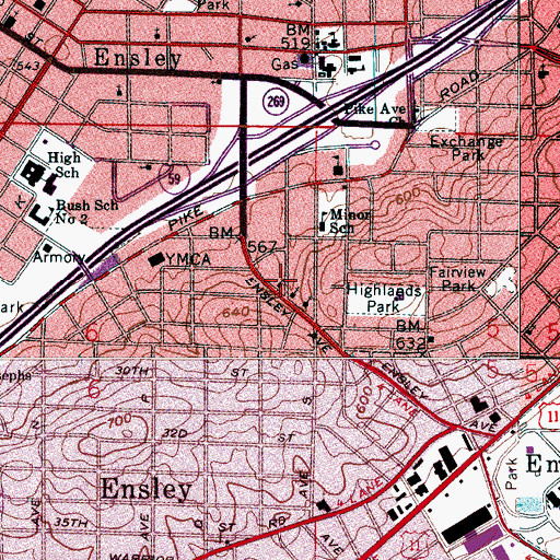Topographic Map of Ensley Highland Presbyterian Church, AL
