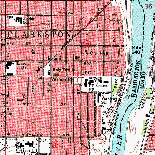 Topographic Map of Asotin County Library, WA