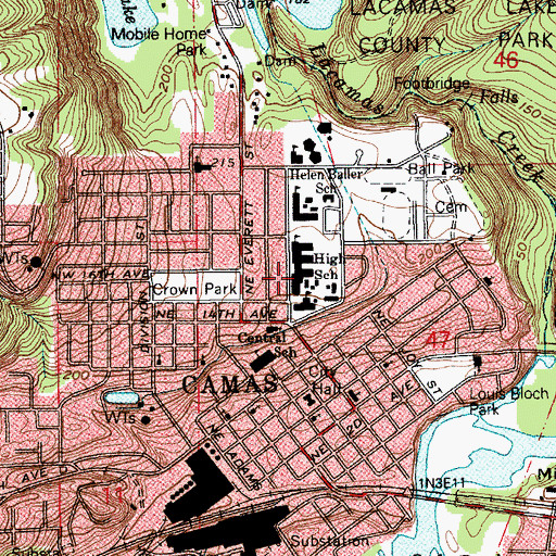 Topographic Map of Camas Senior High School, WA