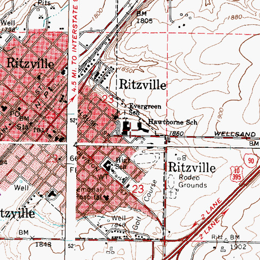 Topographic Map of Ritzville High School, WA