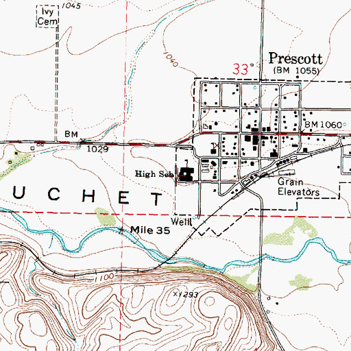 Topographic Map of Prescott Junior Senior High School, WA