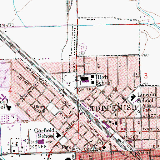 Topographic Map of Toppenish Middle School, WA