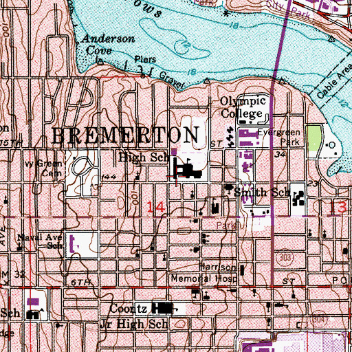 Topographic Map of Bremerton High School, WA