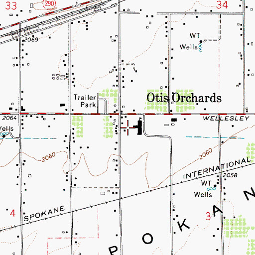 Topographic Map of Otis Orchards Elementary School, WA