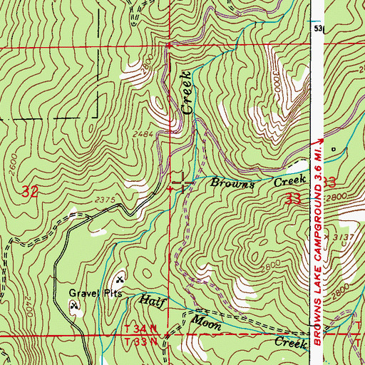 Topographic Map of Browns Creek, WA