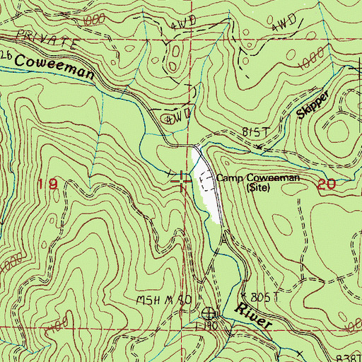 Topographic Map of Camp Coweeman (historical), WA