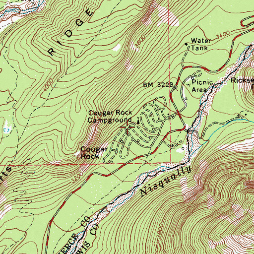 Topographic Map of Cougar Rock Campground, WA