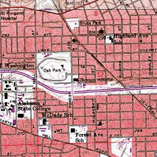 Topographic Map of Jackson Hospital and Clinic, AL