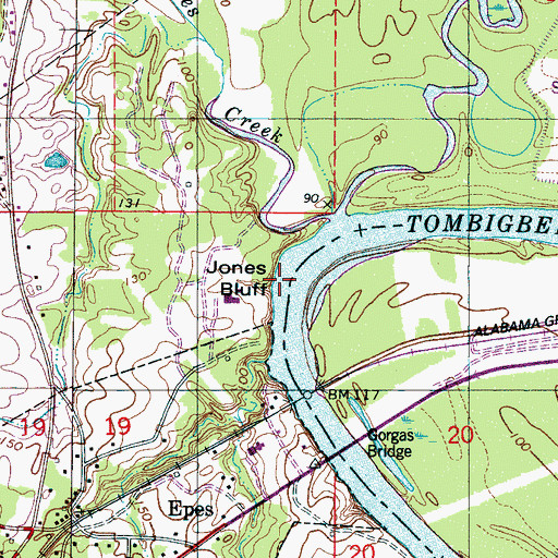Topographic Map of Jones Bluff, AL