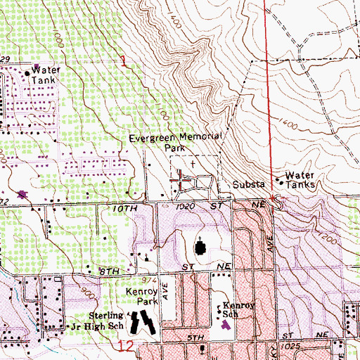 Topographic Map of Evergreen Memorial Park, WA