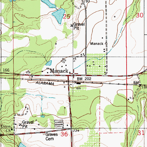 Topographic Map of Manack, AL