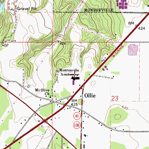 Topographic Map of Monroeville Academy, AL