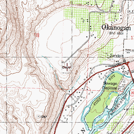 Topographic Map of Okanogan Cemetery, WA