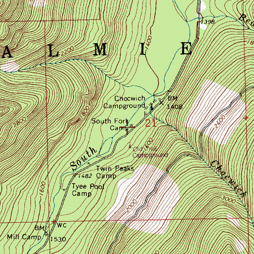 Topographic Map of South Fork Camp, WA