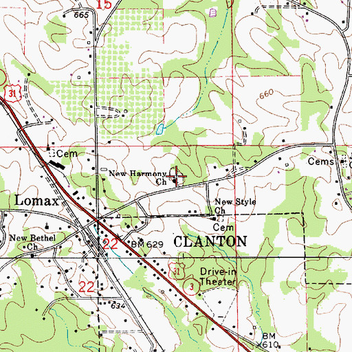Topographic Map of New Harmony Primitive Baptist Church, AL