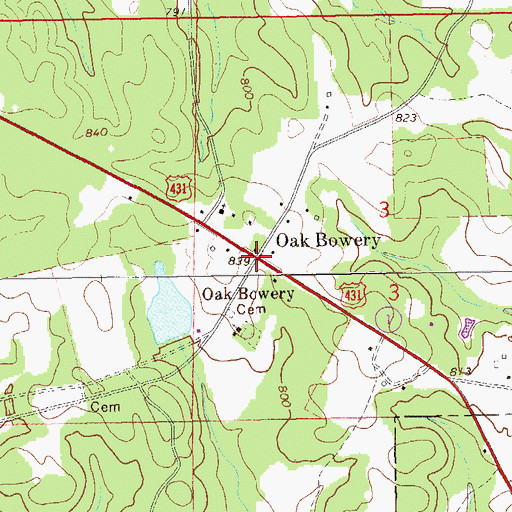Topographic Map of Oak Bowery, AL