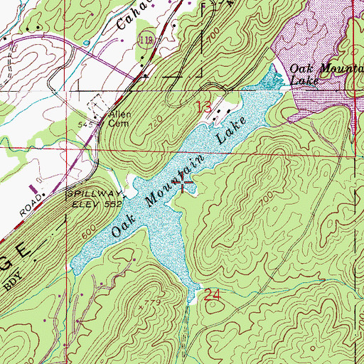 Topographic Map of Oak Mountain Lake, AL