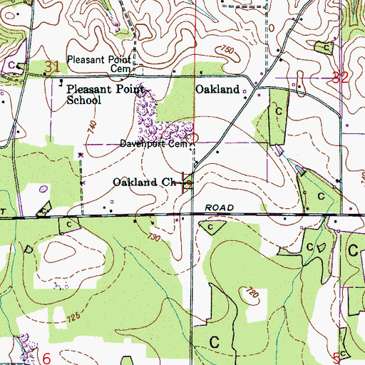 Topographic Map of Oakland Church of Christ, AL