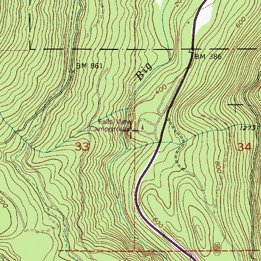 Topographic Map of Falls View Campground, WA