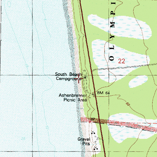Topographic Map of South Beach Campground, WA