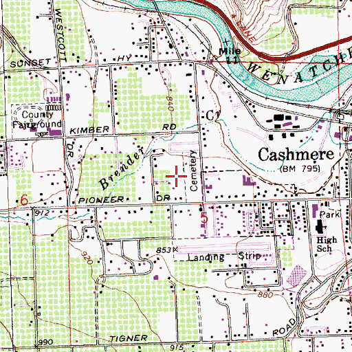 Topographic Map of Cashmere Cemetery, WA