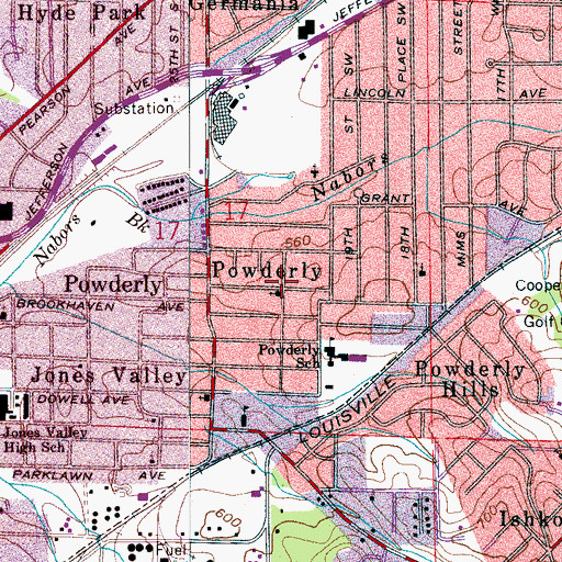 Topographic Map of Powderly, AL