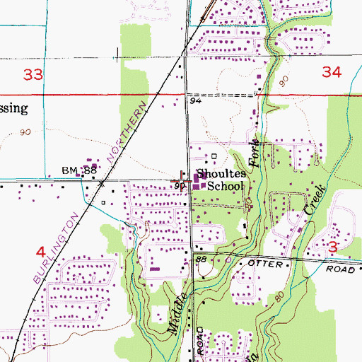 Topographic Map of Shoultes Elementary School, WA