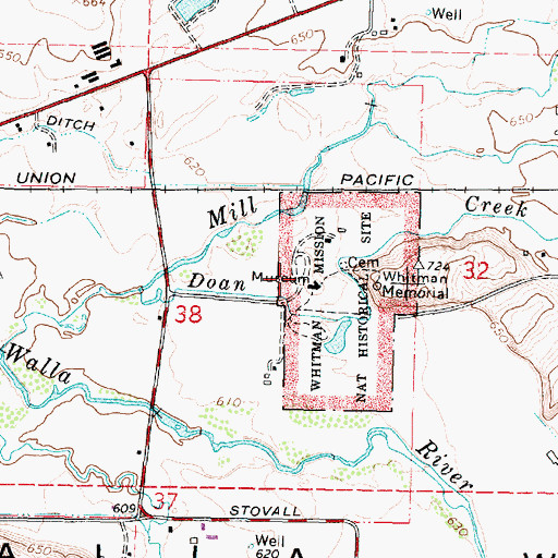 Topographic Map of Whitman Mission National Historic Site, WA