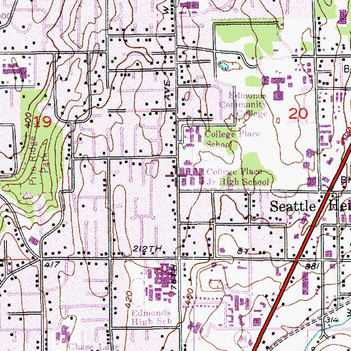 Topographic Map of College Place Middle School, WA
