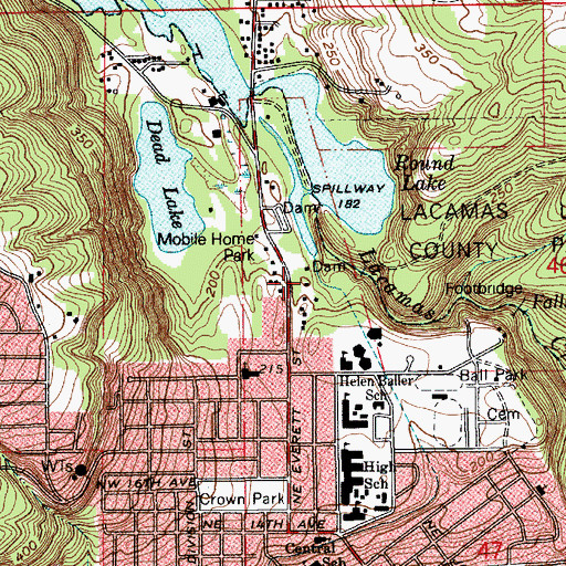 Topographic Map of Lacamas and Round Lakes Lower Dam, WA